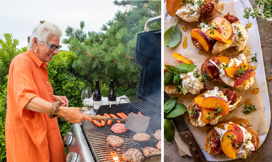 Summer wine pairings of syrah and grilled burgers and hot dogs. Also, a peach crostini recipe from half baked harvest.