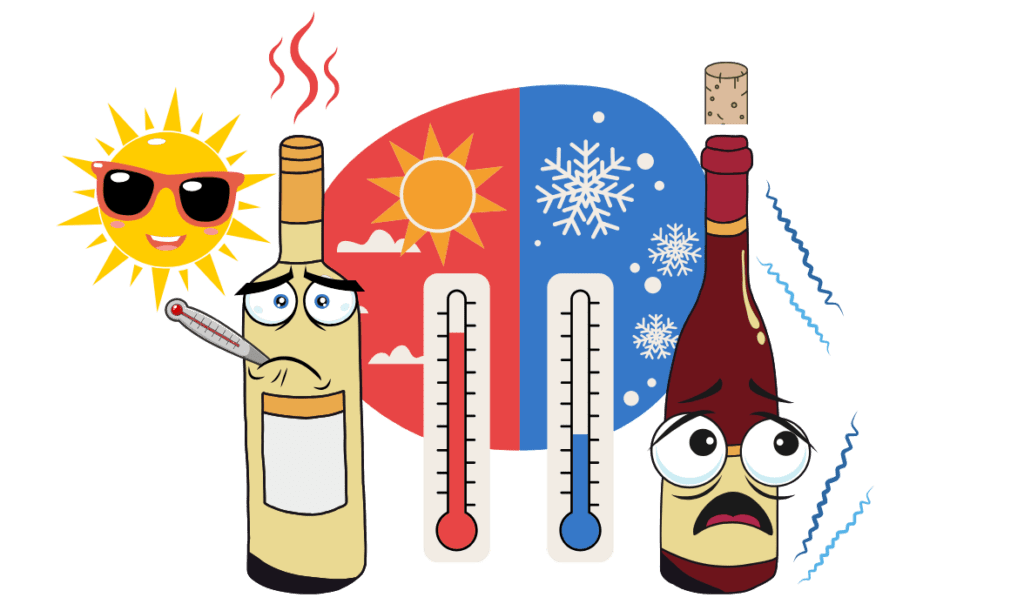 cartoon wine bottles in the heat and snow